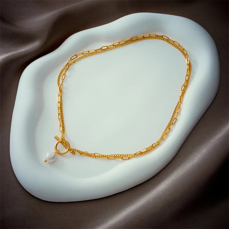 Collier avec pendentif en perles en acier inoxydable 316L avec fermoir OT pour femmes et filles, chaîne à 2 couches, bijoux cadeaux de fête