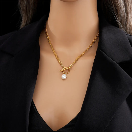 Collier avec pendentif en perles en acier inoxydable 316L avec fermoir OT pour femmes et filles, chaîne à 2 couches, bijoux cadeaux de fête
