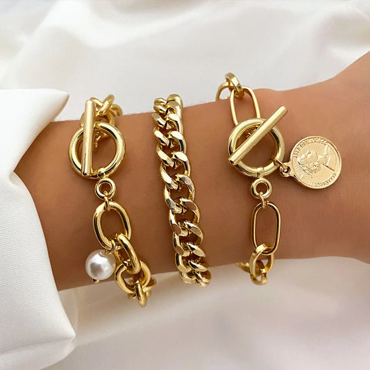 Bracelet jonc tendance en métal doré pour femme, bijou tendance, chaîne à maillons