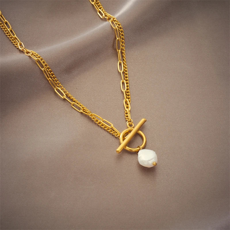 Collier avec pendentif en perles en acier inoxydable 316L avec fermoir OT pour femmes et filles, chaîne à 2 couches, bijoux cadeaux de fête