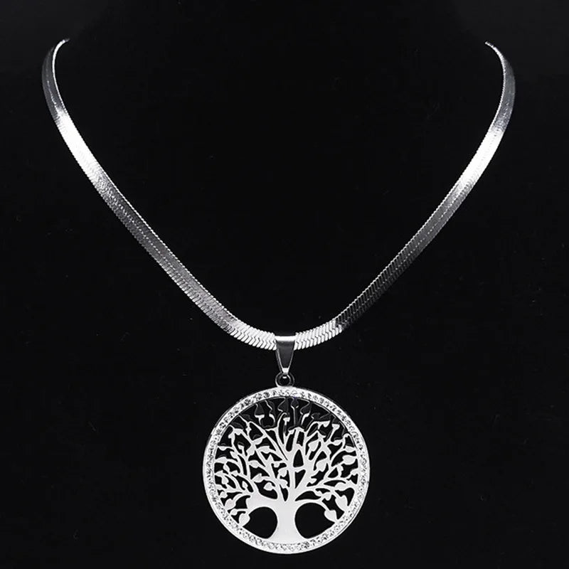 Colliers et pendentifs tendance en acier inoxydable avec pendentif arbre de vie et cristaux pour femmes, couleur or, bijoux en acier inoxydable pour femme