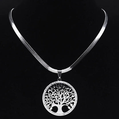 Colliers et pendentifs tendance en acier inoxydable avec pendentif arbre de vie et cristaux pour femmes, couleur or, bijoux en acier inoxydable pour femme