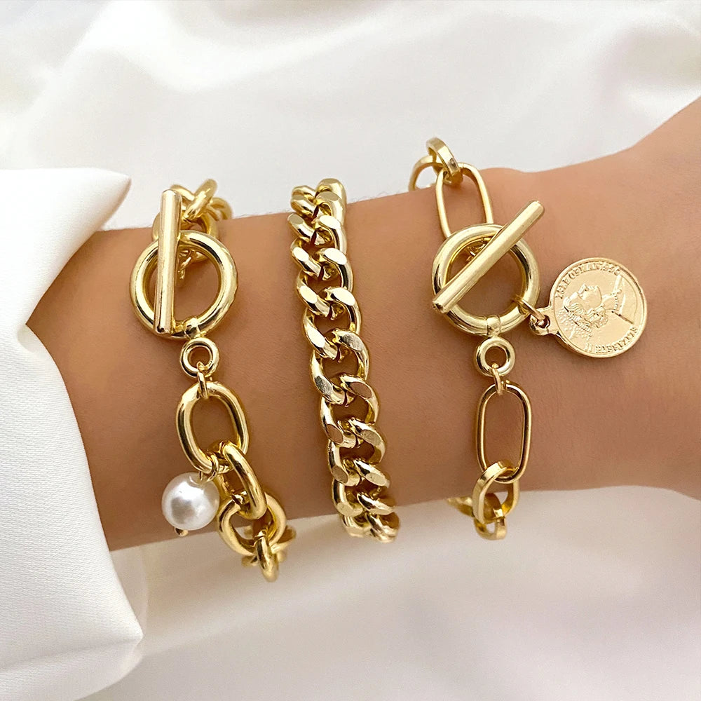 Bracelet jonc tendance en métal doré pour femme, bijou tendance, chaîne à maillons