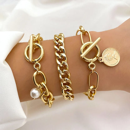 Bracelet jonc tendance en métal doré pour femme, bijou tendance, chaîne à maillons