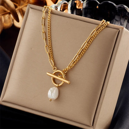 Collier avec pendentif en perles en acier inoxydable 316L avec fermoir OT pour femmes et filles, chaîne à 2 couches, bijoux cadeaux de fête