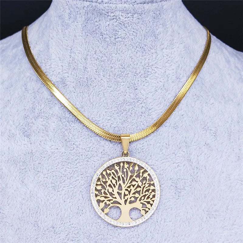 Colliers et pendentifs tendance en acier inoxydable avec pendentif arbre de vie et cristaux pour femmes, couleur or, bijoux en acier inoxydable pour femme