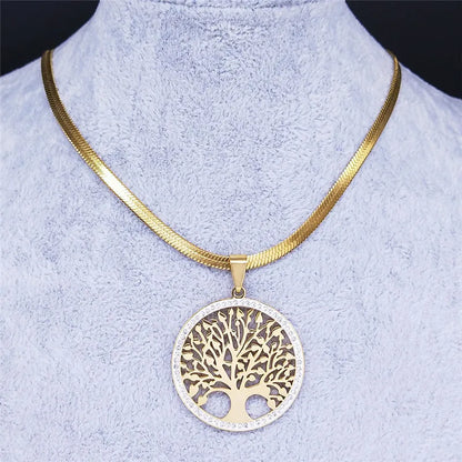 Colliers et pendentifs tendance en acier inoxydable avec pendentif arbre de vie et cristaux pour femmes, couleur or, bijoux en acier inoxydable pour femme