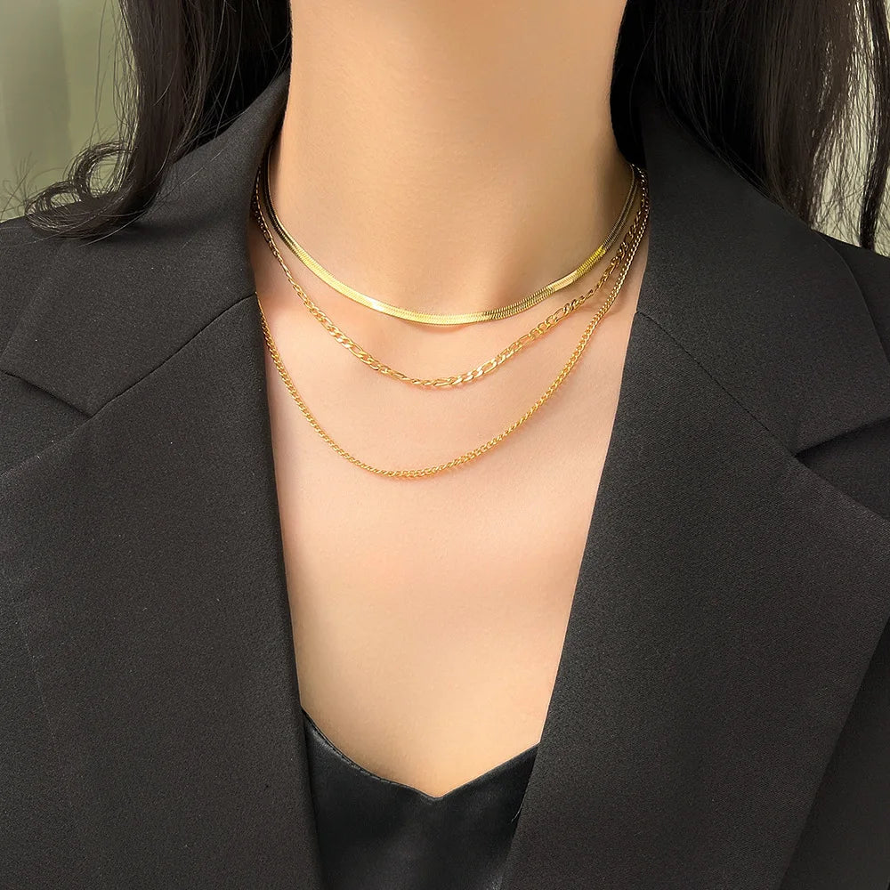 Collier 3 chaînes en acier inoxydable 316L couleur or pour femme, tendance punk, antirouille, cadeau