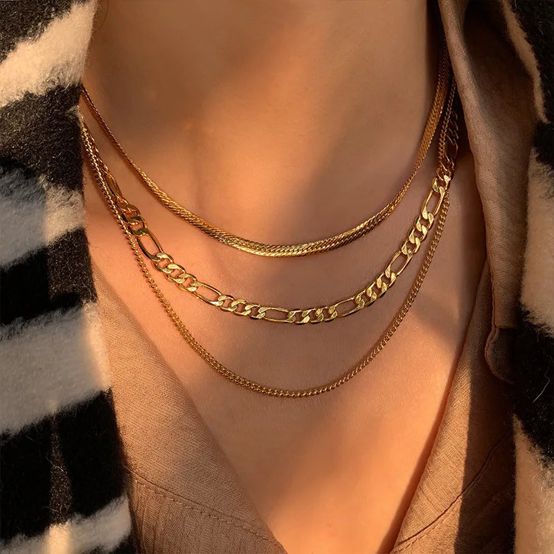 Collier 3 chaînes en acier inoxydable 316L couleur or pour femme, tendance punk, antirouille, cadeau