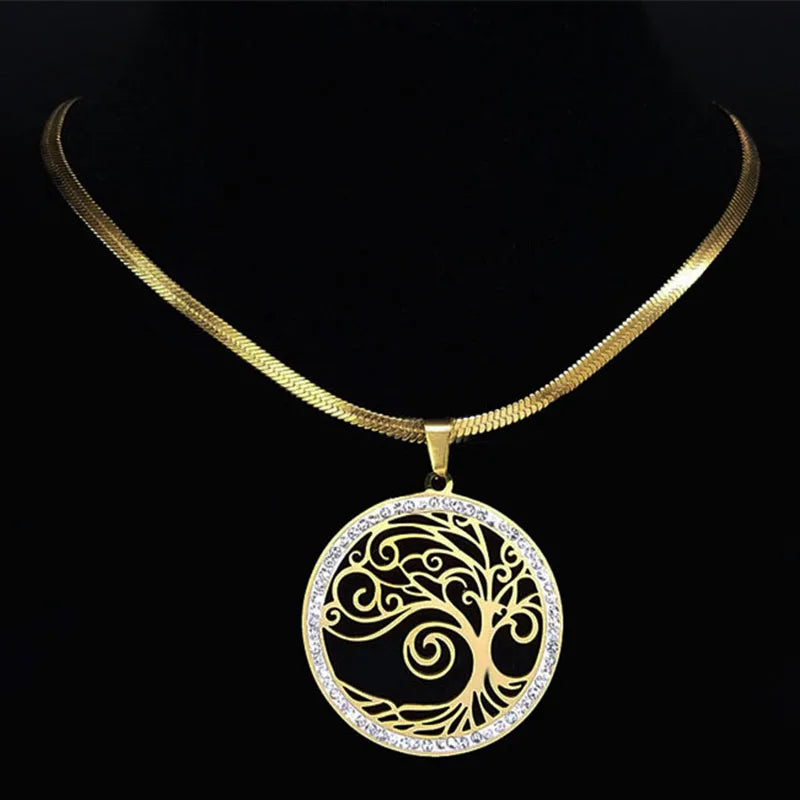 Colliers et pendentifs tendance en acier inoxydable avec pendentif arbre de vie et cristaux pour femmes, couleur or, bijoux en acier inoxydable pour femme