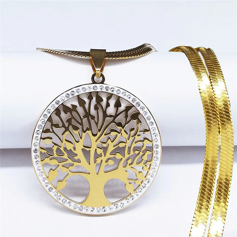 Colliers et pendentifs tendance en acier inoxydable avec pendentif arbre de vie et cristaux pour femmes, couleur or, bijoux en acier inoxydable pour femme