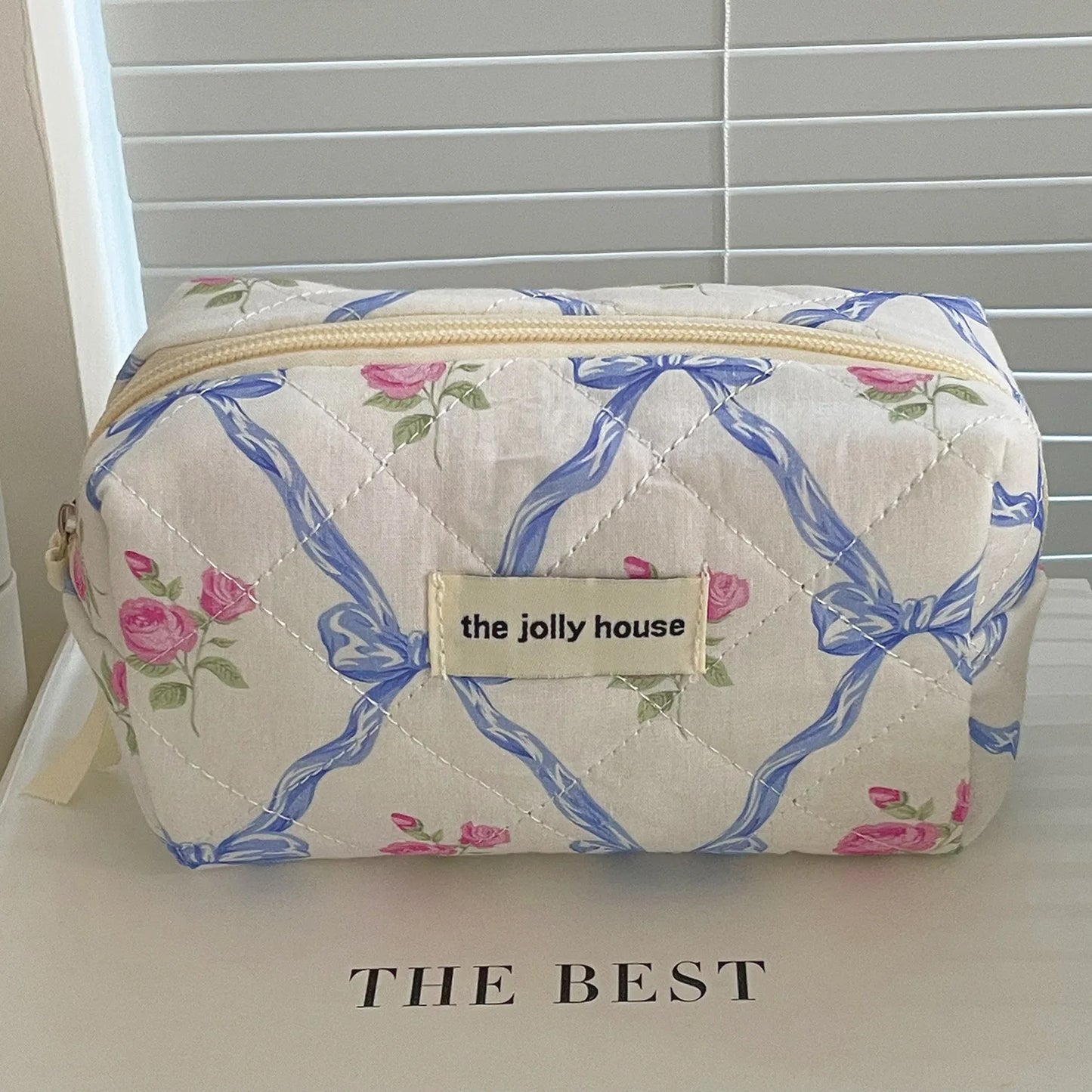 Trousse de maquillage en coton matelassé à fleurs avec nœud mignon, trousse de toilette Portable pour femmes et filles