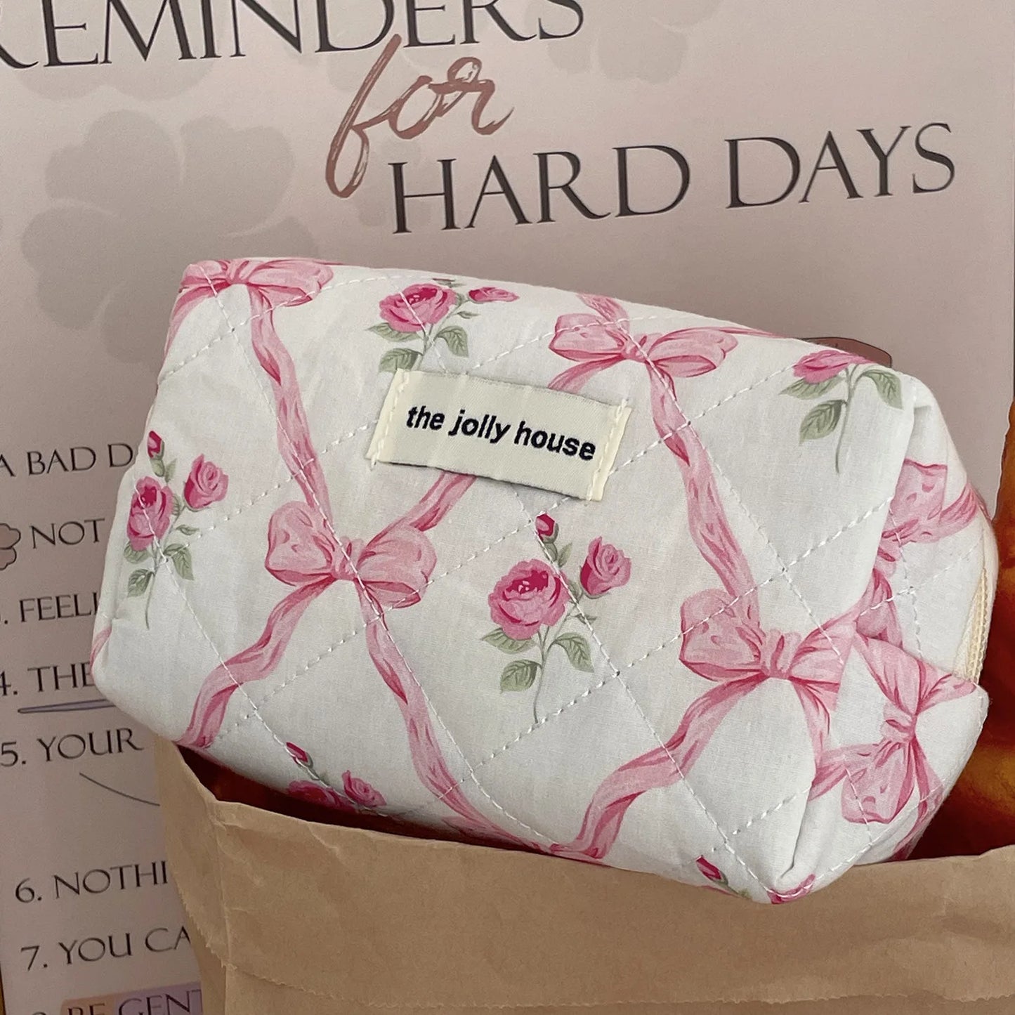 Trousse de maquillage en coton matelassé à fleurs avec nœud mignon, trousse de toilette Portable pour femmes et filles