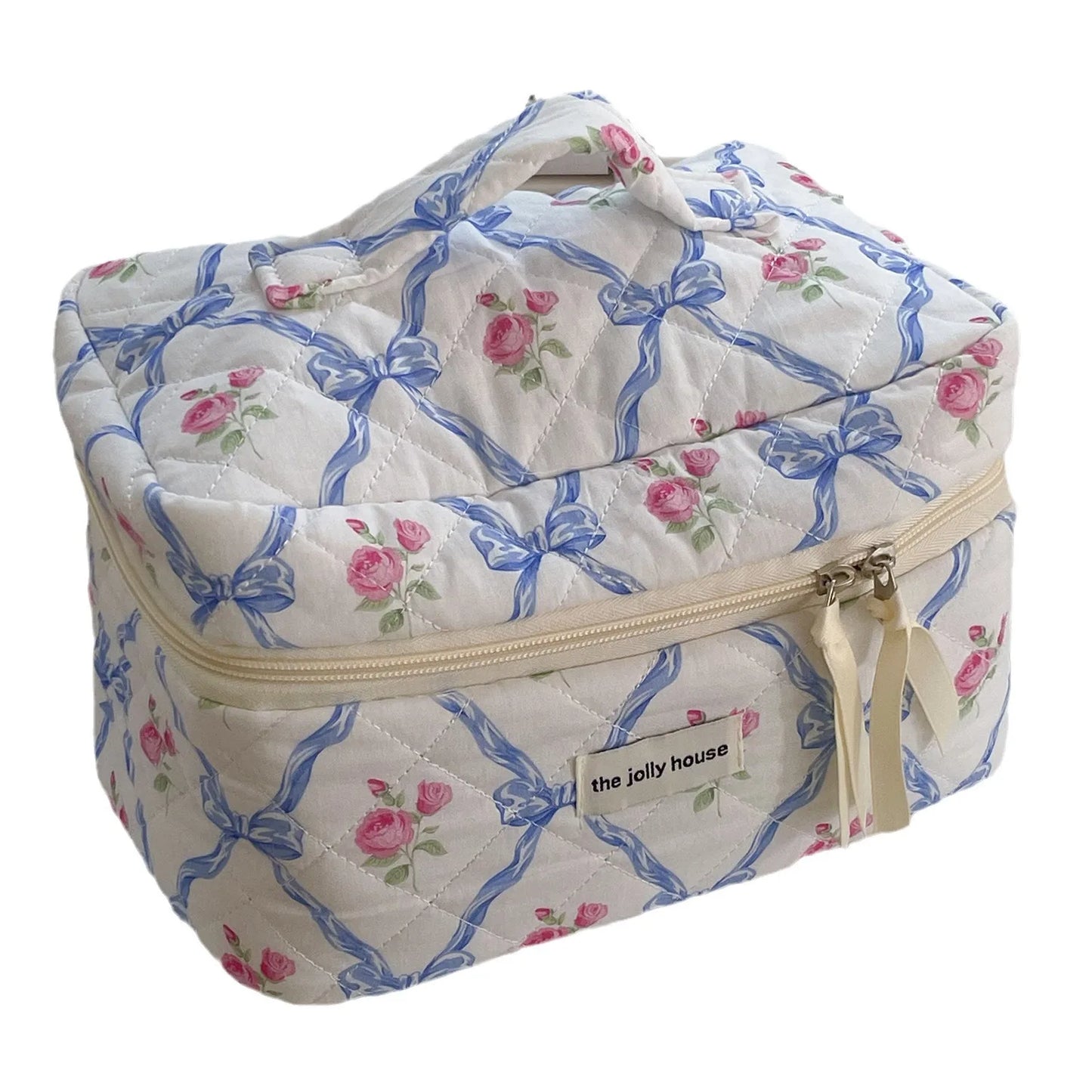 Trousse de maquillage en coton matelassé à fleurs avec nœud mignon, trousse de toilette Portable pour femmes et filles