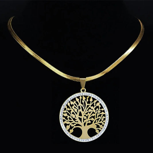 Colliers et pendentifs tendance en acier inoxydable avec pendentif arbre de vie et cristaux pour femmes, couleur or, bijoux en acier inoxydable pour femme