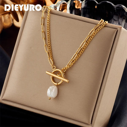 Collier avec pendentif en perles en acier inoxydable 316L avec fermoir OT pour femmes et filles, chaîne à 2 couches, bijoux cadeaux de fête